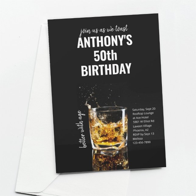 Simple Black Men's Whiskey Birthday Party Invitation (Creator Uploaded)