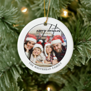 Simple Black Merry Christmas Photo Ceramic Ornament