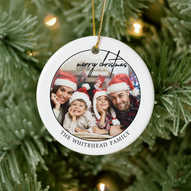 Simple Black Merry Christmas Photo Ceramic Ornament (Tree)