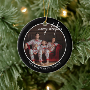 Simple Black Merry Christmas Photo White Ceramic Ornament