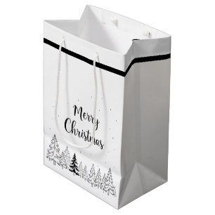 Simple black Merry Christmas trees and stars Medium Gift Bag
