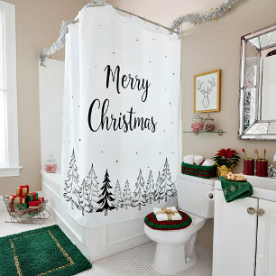 Simple black Merry Christmas trees and stars Shower Curtain