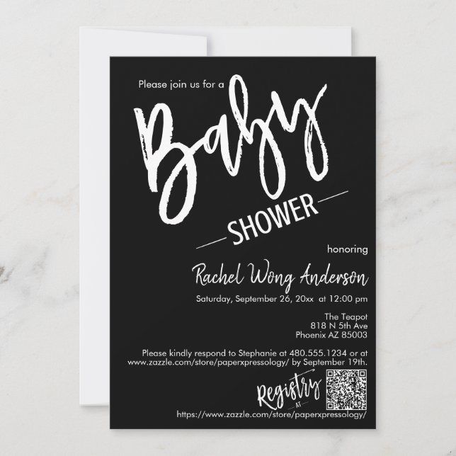 Simple Black Minimalist Script Baby Shower QR Code Invitation (Front)