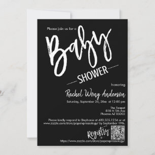 Simple Black Minimalist Script Baby Shower QR Code Invitation