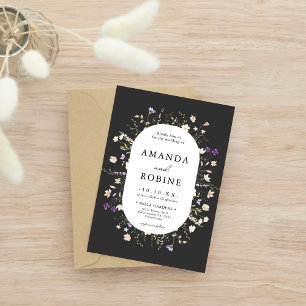 Simple Black Minimalist Wildflower Wedding Invitation