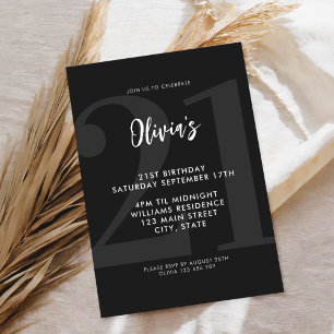 Simple Black Modern 21st Birthday Invitation