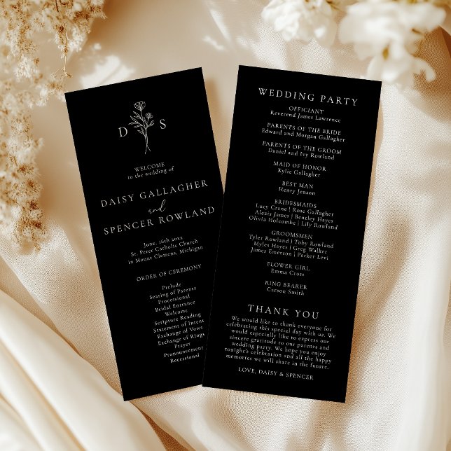 Simple Black Modern Floral Monogram Tall Wedding Program (Creator Uploaded)