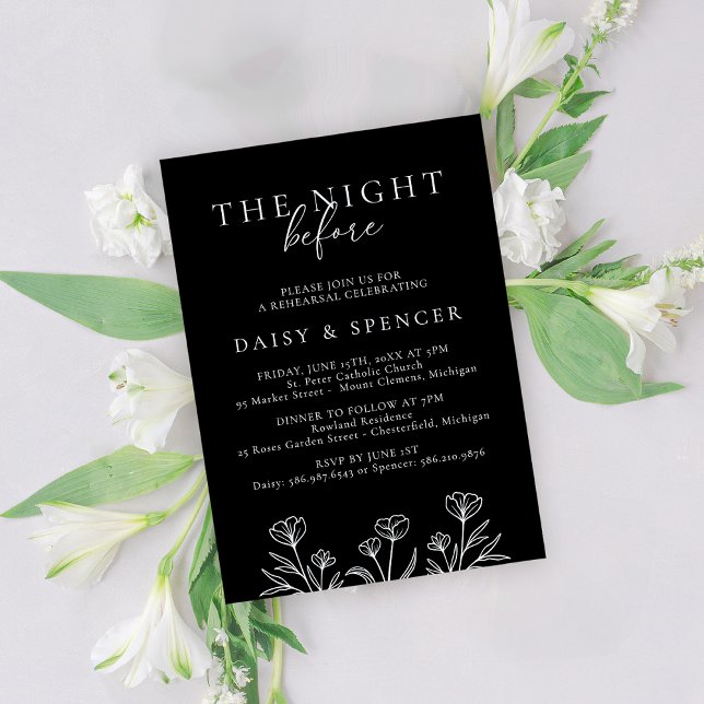 Simple Black Modern Floral Wedding Rehearsal Invitation (Creator Uploaded)