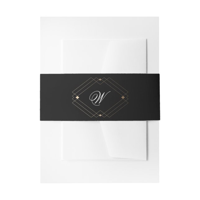 Simple Black Modern Geometric Gold Wedding Invitation Belly Band (Front Example)