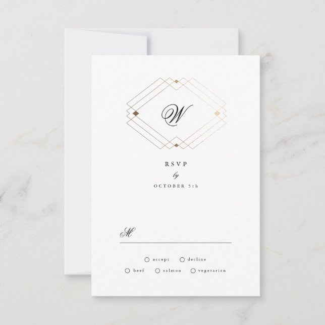 Simple Black Modern Geometric Gold Wedding RSVP Card (Front)