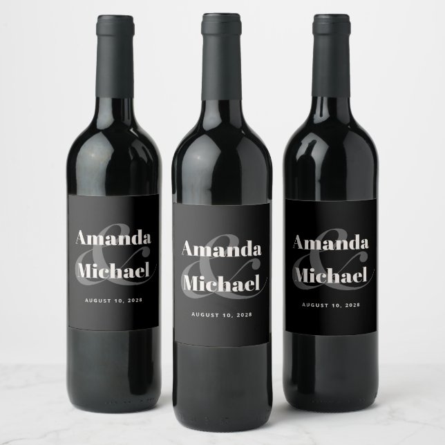 Simple Black Modern Minimalist Wedding Wine Label (Bottles)