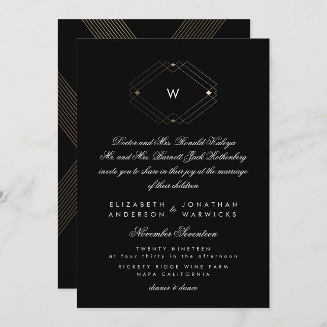 Simple Black Modern Monogram Script Gold Invitation (Front/Back)