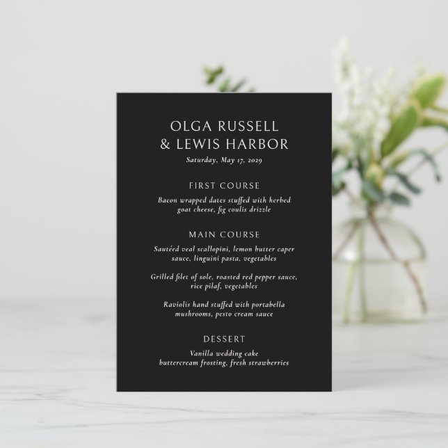 Simple Black Modern Wedding Menu (Standing Front)