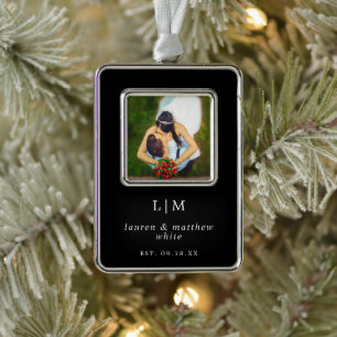 Simple Black Monogram Elegant First Christmas Silver Plated Framed Ornament