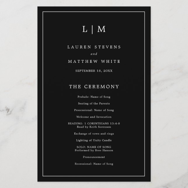 Simple Black Monogram Elegant Wedding Program Flyer (Front)