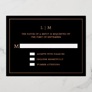 Simple Black Monogram Elegant Wedding RSVP Foil Invitation Postcard