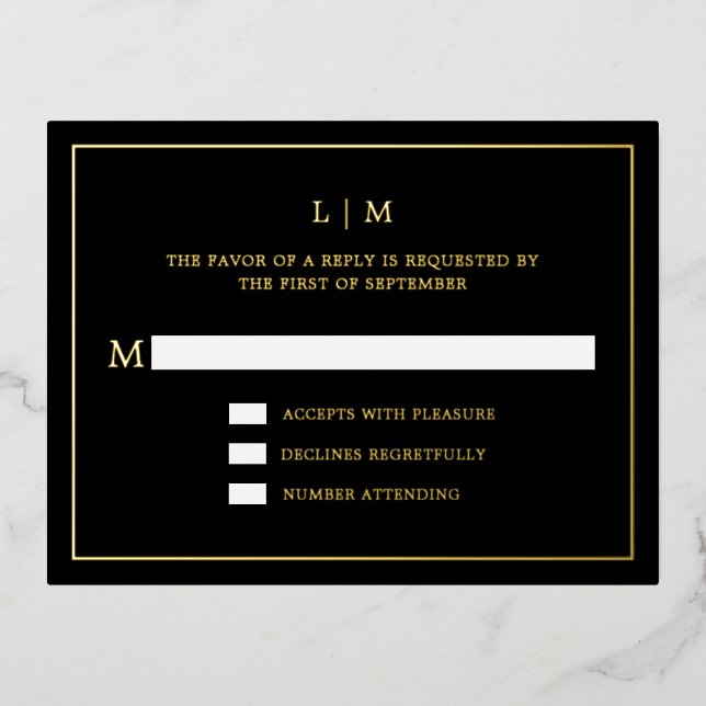 Simple Black Monogram Elegant Wedding RSVP Foil Invitation Postcard (Front)