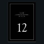 Simple Black Monogram Elegant Wedding Table Number<br><div class="desc">Simple Wedding Table Number featuring an elegant and timeless design with your two letter monogram, names, date and table number surrounded a thin border. All design elements are in white over a black background and may be changed to any colours you wish in the design editing tool. A clean and...</div>
