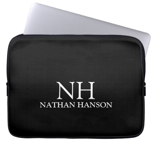 Simple Black Monogram Modern Laptop Sleeve (Front)