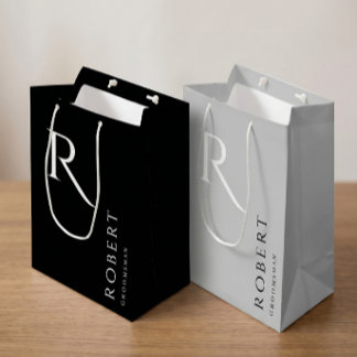 Simple Black Monogram Personalised Groomsmen Mediu Medium Gift Bag