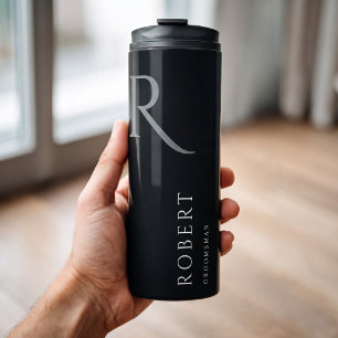Simple Black Monogram Personalised Groomsmen Thermal Tumbler
