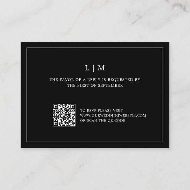 Simple Black Monogram QR Code Elegant Wedding RSVP Card (Front)
