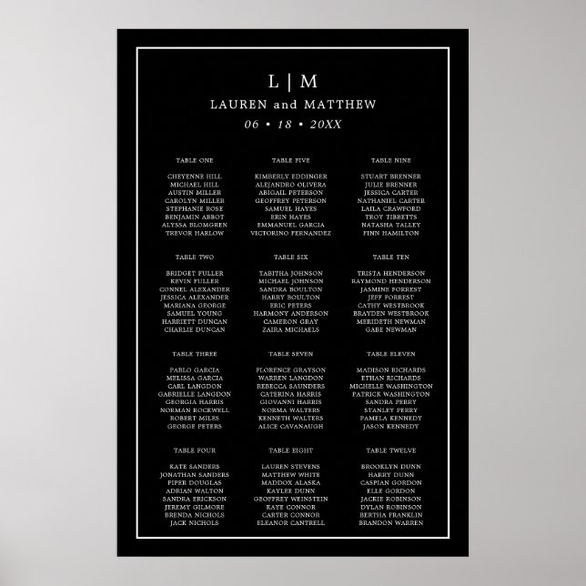 Simple Black Monogram Wedding Seating Chart (Front)