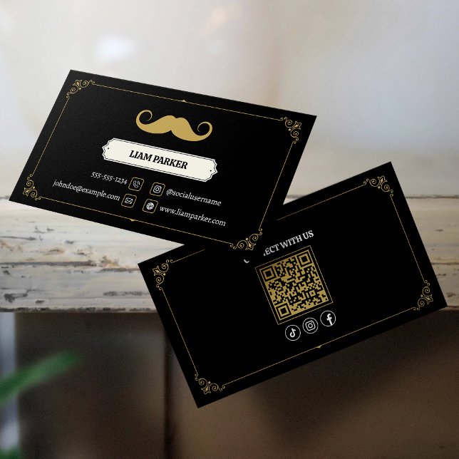 Simple Black Moustache Barber Shop Connect with us Business Card (Creator Uploaded)