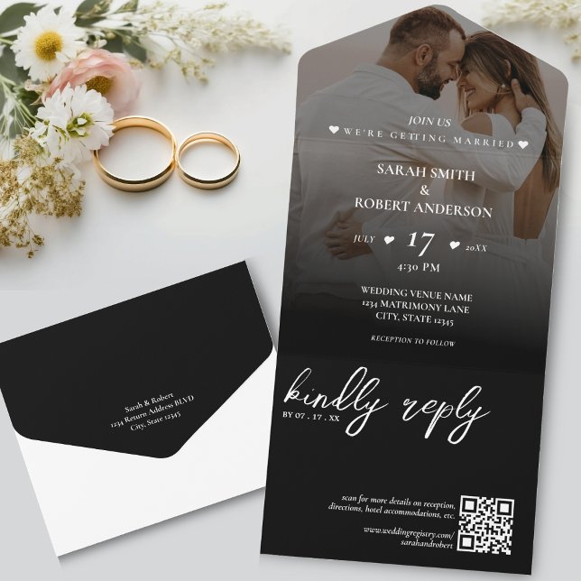 Simple Black Newlywed Photo QR Code Wedding All In One Invitation (Simple Black Newlywed Photo QR Code Wedding All In One Invitation)