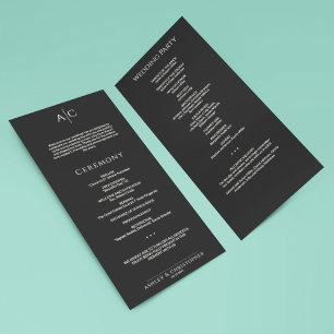 Simple Black Noir Monogram Wedding Ceremony Program