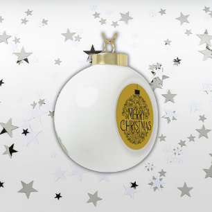 Simple Black on Gold Merry Christmas    Ceramic Ball Christmas Ornament