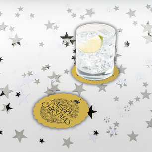 Simple Black on Gold Merry Christmas     Paper Coaster