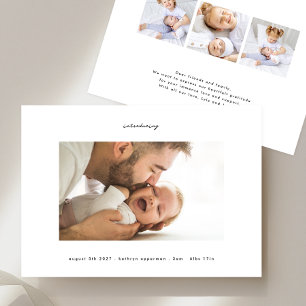 simple black on white introducing photo baby birth announcement