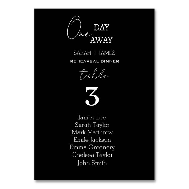 Simple Black One Day Away Wedding Seating Chart  Table Number (Front)