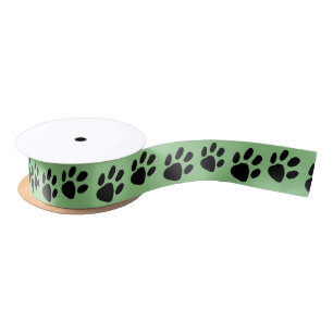 Simple Black Paw Print on Green Satin Ribbon