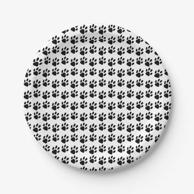 Simple Black Paw Print Pattern and White Paper Plate (Front)