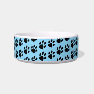 Simple Black Paw Print Pattern on Blue Bowl
