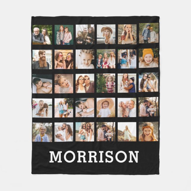 Simple Black Photo Collage 30 Picture Personalised Fleece Blanket (Front)