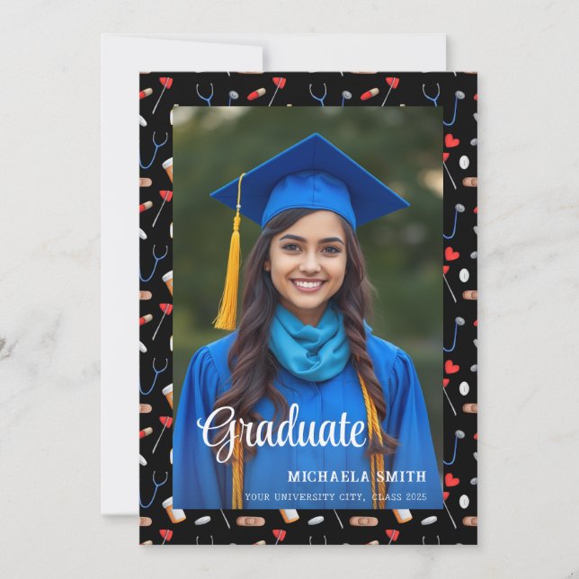 Simple Black Photo Nurse Medical Graduation  Announcement (Front)