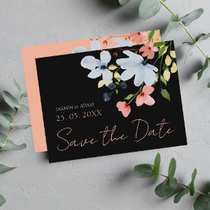 Simple Black Pink Floral Wedding Save the Date Postcard