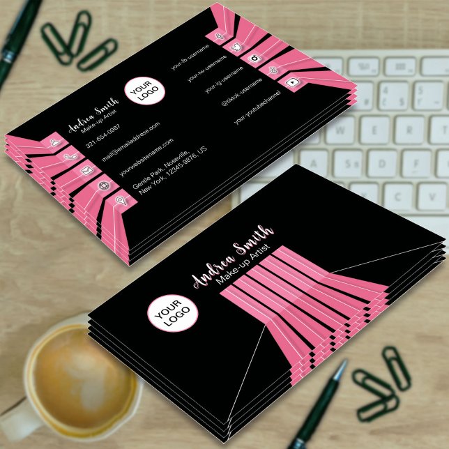 Simple Black Pink Girly Social Media Icons Custom  Business Card (Creator Uploaded)