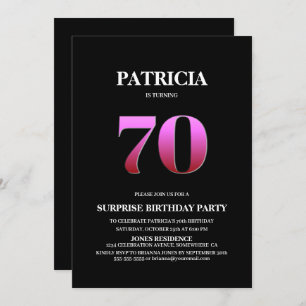 Simple Black Pink Surprise 70th Birthday Invitation