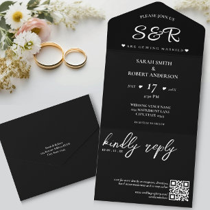 Simple Black QR Code Wedding All In One Invitation