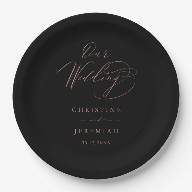 Simple Black Rose Gold Modern Script Wedding Paper Plate (Front)