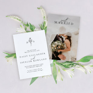 Simple Black Script and Floral Monogram Wedding Announcement