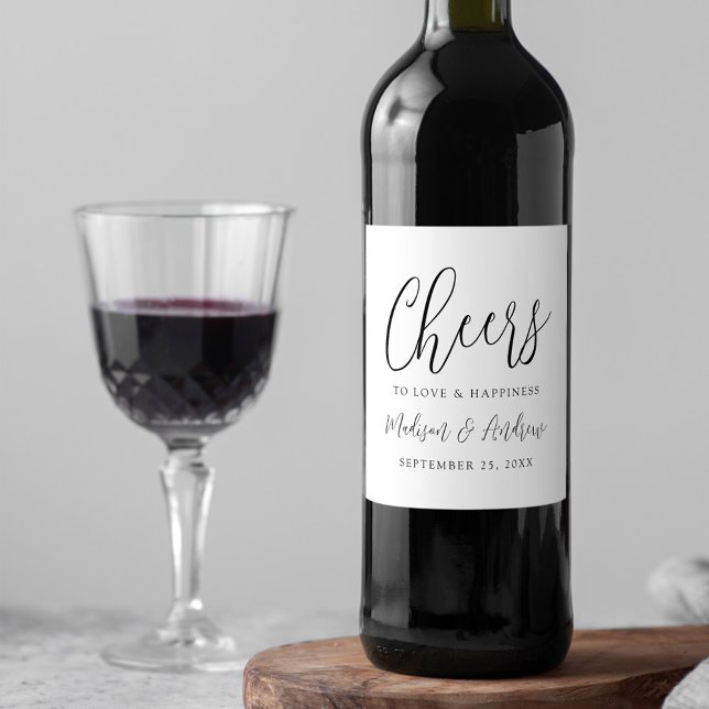Simple Black Script Cheers to Love Wedding Wine Label (Creator Uploaded)