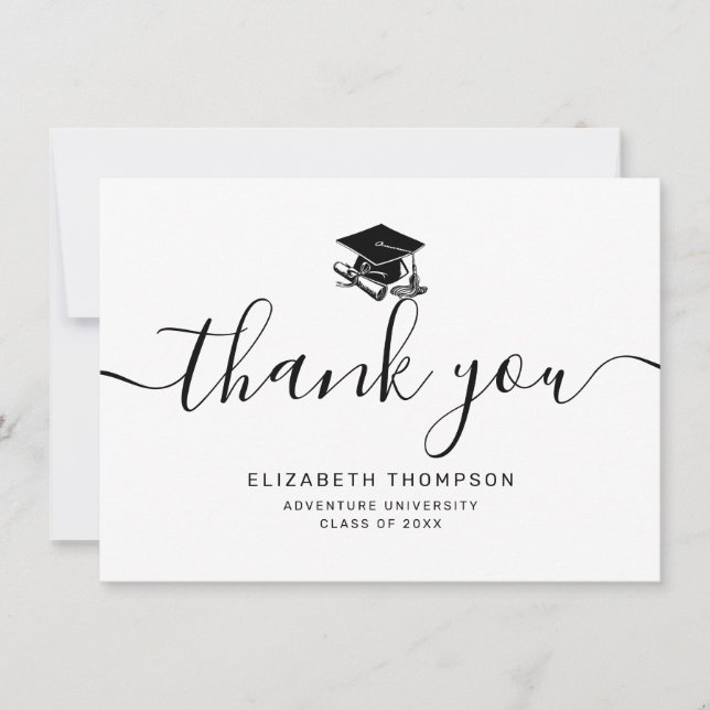 Simple Black Script Grad Cap Graduation Thank You Card (Front)