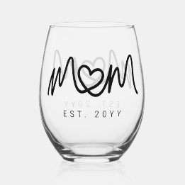 Simple Black Script Heart Mother Mum Established Stemless Wine Glass