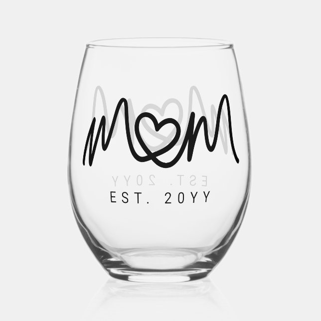 Simple Black Script Heart Mother Mum Established Stemless Wine Glass (Front)