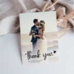 simple black script newlyweds wedding photo thank you card<br><div class="desc">black script text overlay design with modern hand lettering script and a lovely photo of the newlyweds,  the image and text can be personalised.</div>